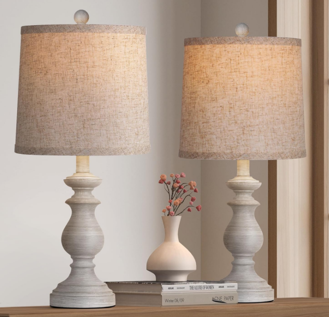 Traditional Table Lamp Set of 2, Rustic Farmhouse Table Lamps for Living Room Bedroom, 22" Bedside Desk Lamps Vintage Nightstand Lamps with Linen Shades, Antique Grey
