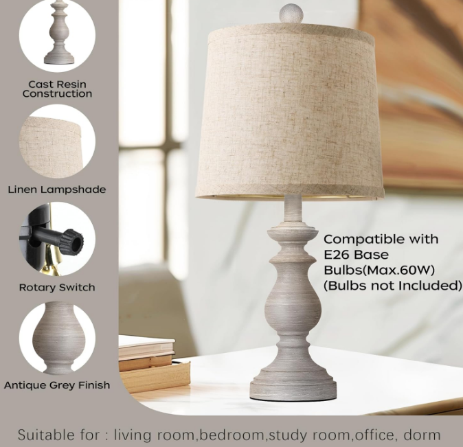 Traditional Table Lamp Set of 2, Rustic Farmhouse Table Lamps for Living Room Bedroom, 22" Bedside Desk Lamps Vintage Nightstand Lamps with Linen Shades, Antique Grey
