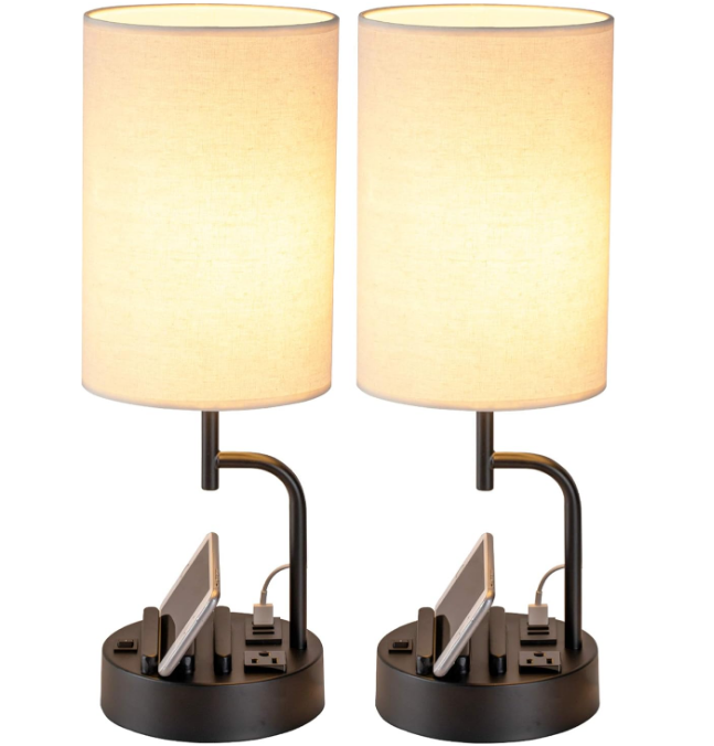 Table Lamp with 3 USB Charging Ports, Modern Desk Lamp with AC Outlet and Phone Stands, Perfect Bedside Lamp for Bedroom, Living Room, Office (Pack of 2), Cream