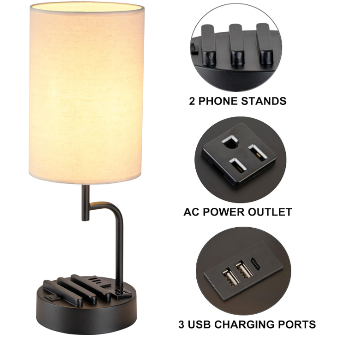 Table Lamp with 3 USB Charging Ports, Modern Desk Lamp with AC Outlet and Phone Stands, Perfect Bedside Lamp for Bedroom, Living Room, Office (Pack of 2), Cream