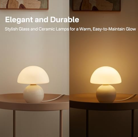 Lamp Small Lamp, Table Bedside Nightstand Lamp for Bedroom, Cute Mini Modern Lamp Dimmable, Unique Aesthetic Home Decor for Living Room Girl Gifts, Ceramic Base Glass Lamp (White)