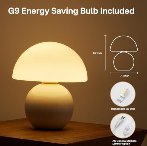 Lamp Small Lamp, Table Bedside Nightstand Lamp for Bedroom, Cute Mini Modern Lamp Dimmable, Unique Aesthetic Home Decor for Living Room Girl Gifts, Ceramic Base Glass Lamp (White)