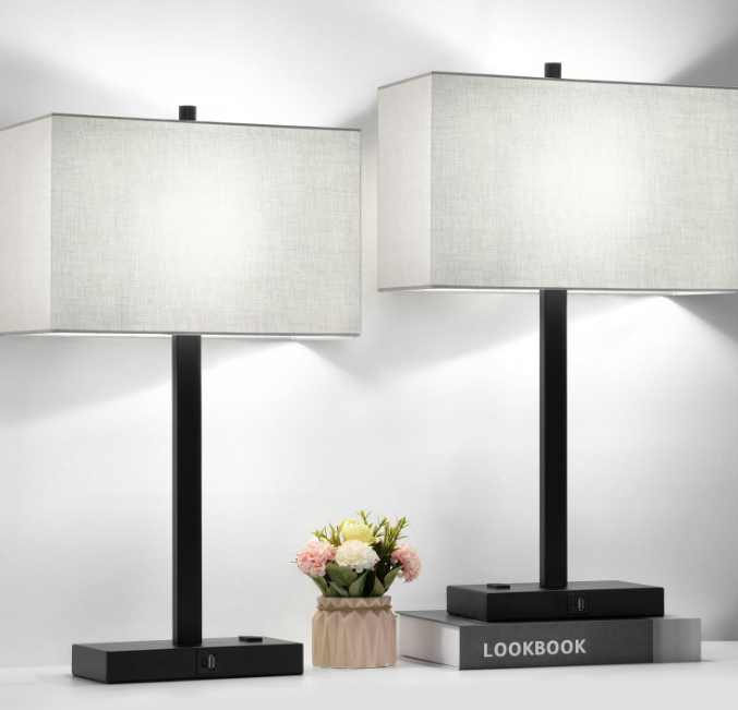 21" Set of 2 Touch Control Table Lamps with 2 USB & AC Outlets, 3-Way Dimmable Modern Nightstand Lamps for Bedroom Living Room Office Reading, Gray Shade Bedside Lamps, 5000K LED Bulbs Included
