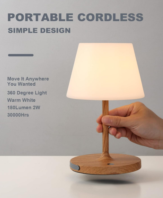 Battery Operated Table Lamp Waterproof, 4000mAh Cordless Rechargeable, Touch Dimmable Desk Lamp, LED Night Light for Patio Camping Restaurant Home, H9.6in, Wood Grain