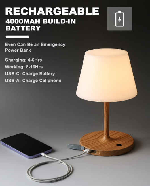 Battery Operated Table Lamp Waterproof, 4000mAh Cordless Rechargeable, Touch Dimmable Desk Lamp, LED Night Light for Patio Camping Restaurant Home, H9.6in, Wood Grain