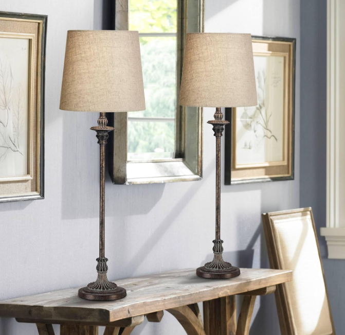 Hill Bentley Traditional French Country Style Buffet Table Lamps 31.5" Tall Skinny Set of 2 Weathered Brown Ridged Linen Fabric Tapered Drum Shade Decor for Living Room House Home Dining