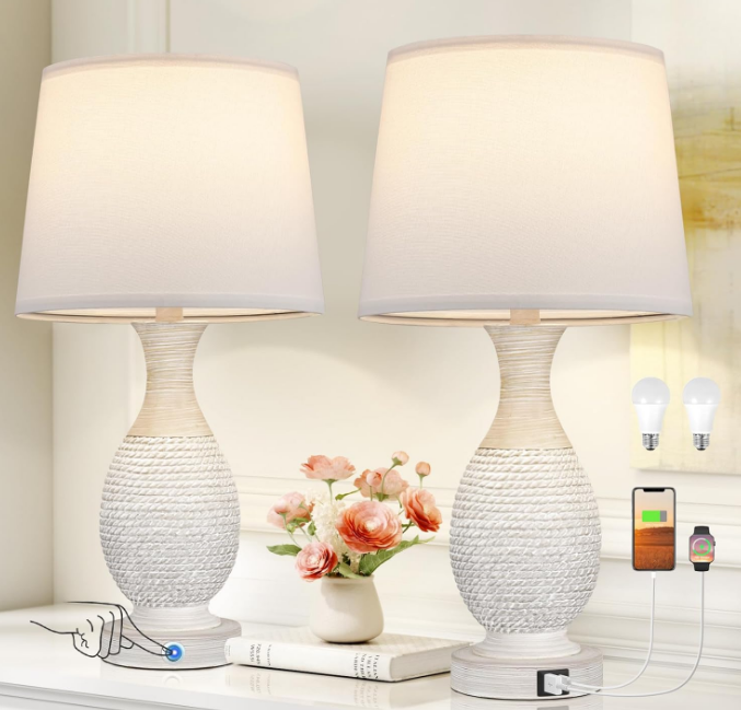 Farmhouse Table Lamps for Bedroom - Bedside Lamps Set of 2 with USB C+A, 3-Way Dimmable Touch Lamps for Night Stands
