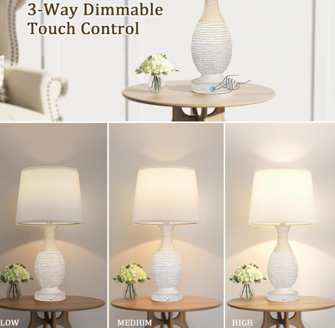 Farmhouse Table Lamps for Bedroom - Bedside Lamps Set of 2 with USB C+A, 3-Way Dimmable Touch Lamps for Night Stands