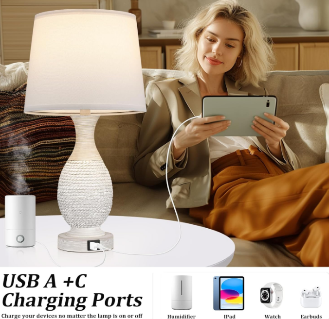 Farmhouse Table Lamps for Bedroom - Bedside Lamps Set of 2 with USB C+A, 3-Way Dimmable Touch Lamps for Night Stands