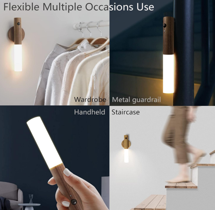 Motion Sensor Light Indoor Night Light Wall Sconce Wooden Rechargeable Portable Magnetic Battery Operated LED Night Light for Kids Bathroom Toliet Light Closet Bedroom,White Ash Wood Pack 2