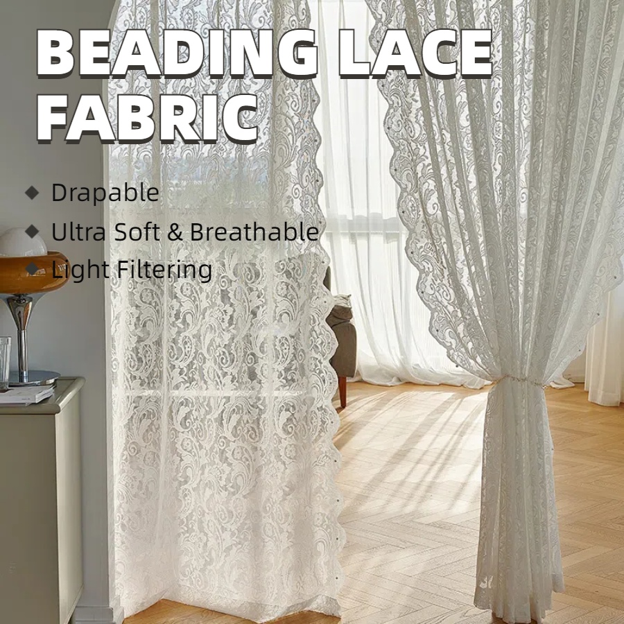 White Elegant Beading Lace Sheer Curtain&Fabric,Semi-Transparent Light Filtering Jacquard Plant Pattern Sheer Curtains for Bedroom Living Room Office Home Decor
