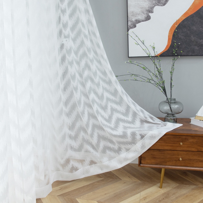 Plain Solid White Color Geometric Wooden Pattern Textured Striped Modern Polyester Sheer Curtains , Soft Smooth Semi-Transparent Light Filtering