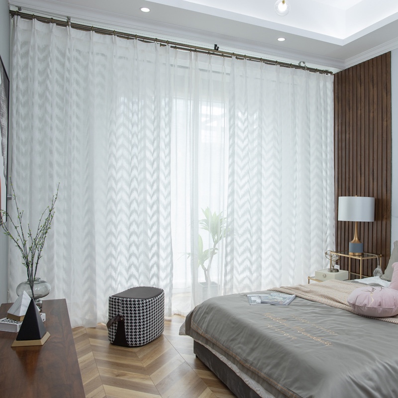 Plain Solid White Color Geometric Wooden Pattern Textured Striped Modern Polyester Sheer Curtains , Soft Smooth Semi-Transparent Light Filtering 