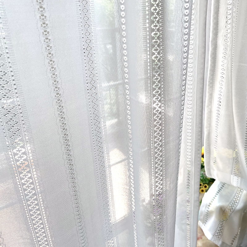 White Fashionable Simple Romantic Jacquard Embroidered Striped Floral Flower Polyester Door Sheer Curtains, Hollow Out Lace Fabric Semi-Transparent Light Filtering Rod Pocket Polyester Voile Curtains Drapes for Living Room Bedroom Home Decor