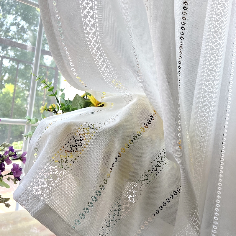 White Fashionable Simple Romantic Jacquard Embroidered Striped Floral Flower Polyester Door Sheer Curtains, Hollow Out Lace Fabric Semi-Transparent Light Filtering Rod Pocket Polyester Voile Curtains Drapes for Living Room Bedroom Home Decor