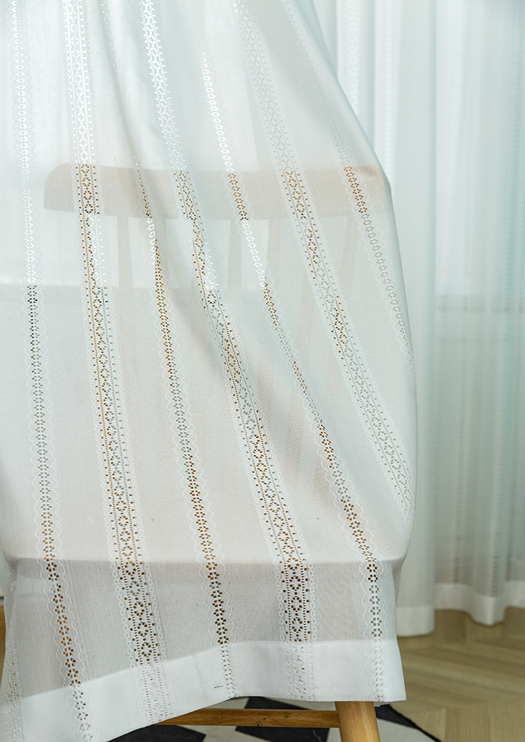 White Fashionable Simple Romantic Jacquard Embroidered Striped Floral Flower Polyester Door Sheer Curtains, Hollow Out Lace Fabric Semi-Transparent Light Filtering Rod Pocket Polyester Voile Curtains Drapes for Living Room Bedroom Home Decor