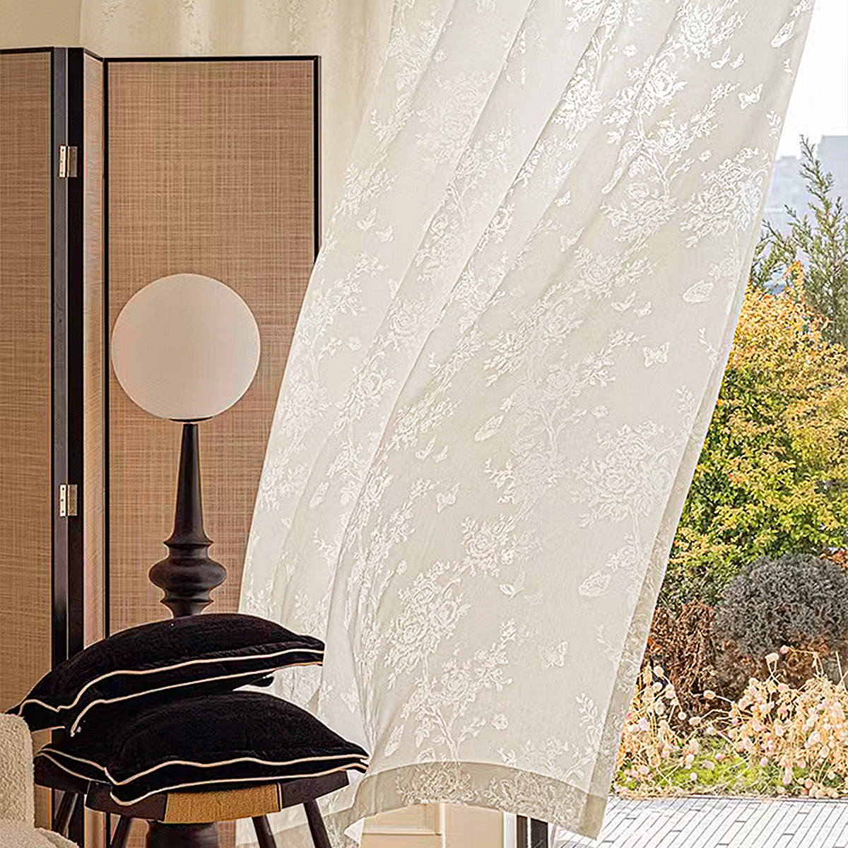 White Fashionable Simple Romantic Jacquard Butterfly Floral Flower Polyester Door Sheer Curtains, Hollow Out Lace Fabric Semi-Transparent Light Filtering for Living Room Bedroom Home Decor