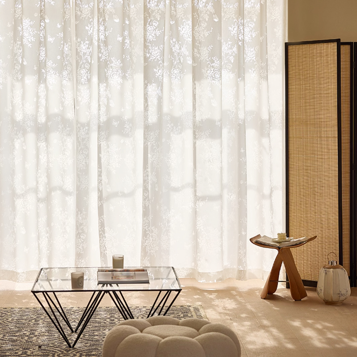 White Fashionable Simple Romantic Jacquard Butterfly Floral Flower Polyester Door Sheer Curtains, Hollow Out Lace Fabric Semi-Transparent Light Filtering for Living Room Bedroom Home Decor