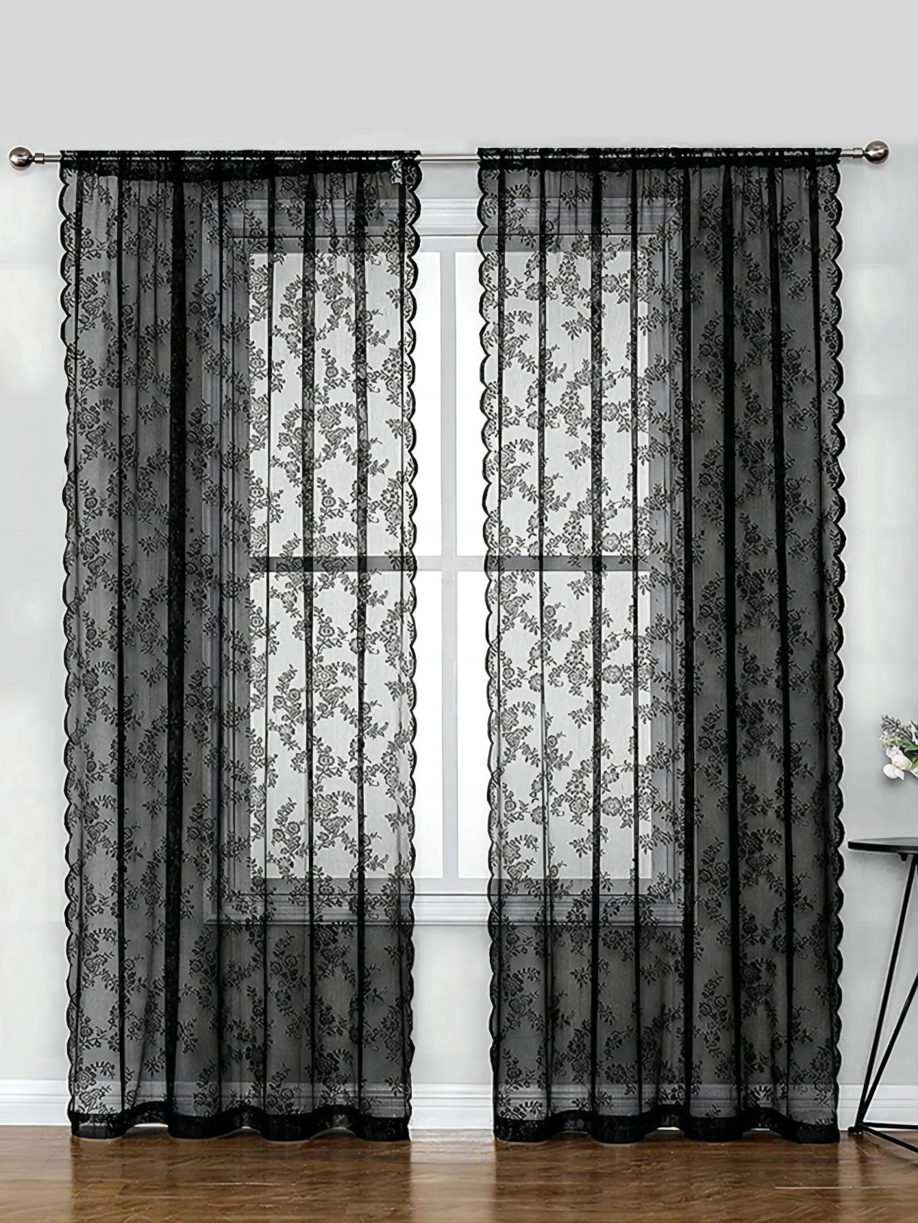 Black Elegance Romantic French Flower Floral Pattern Embroidered Lace Soft Door Polyester Sheer Curtain, Lace Fabric Rod Pocket Hollow Out Voile Curtain Window Screen for Living Room Bedroom Home Decor