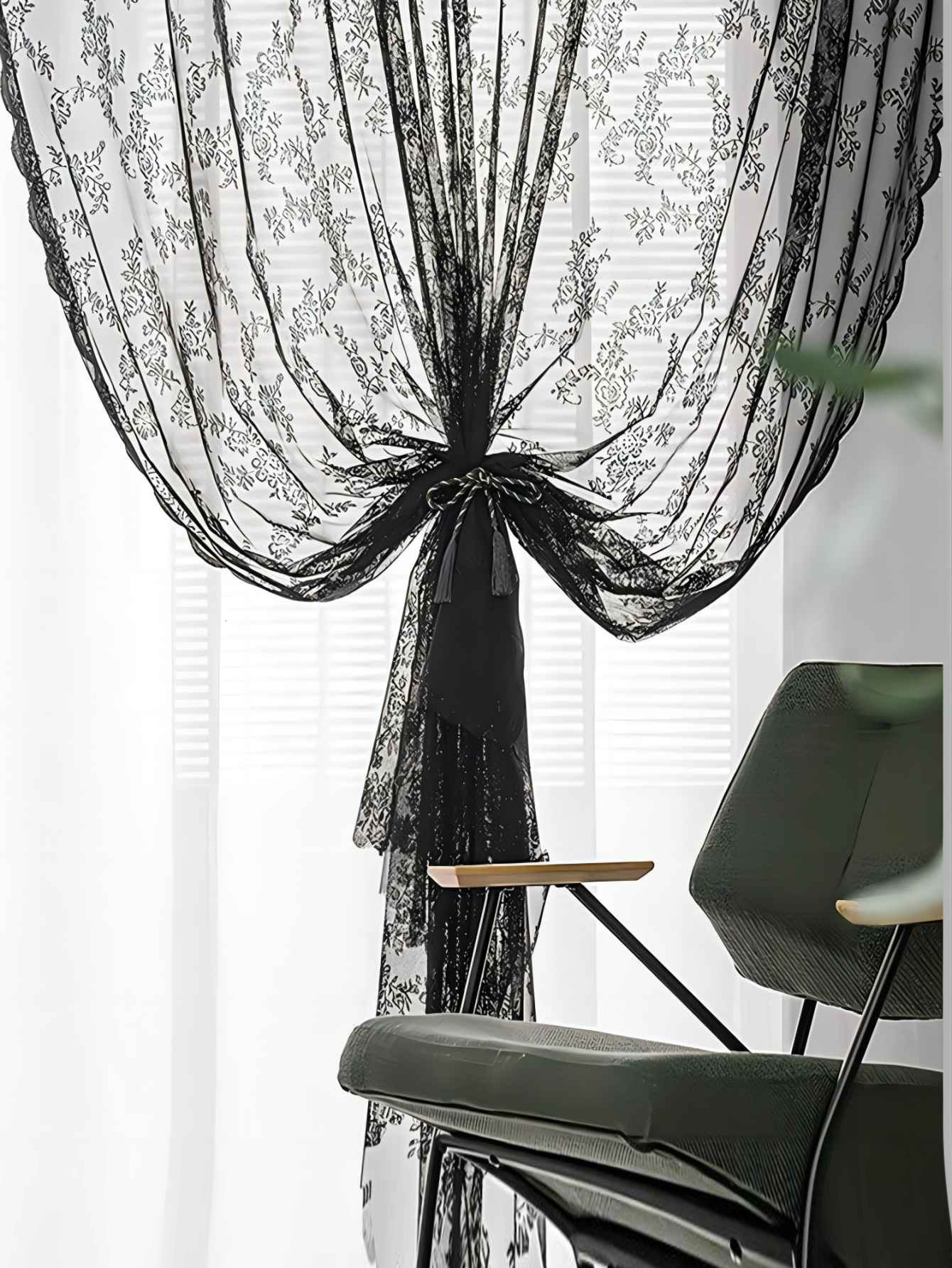 Black Elegance Romantic French Flower Floral Pattern Embroidered Lace Soft Door Polyester Sheer Curtain, Lace Fabric Rod Pocket Hollow Out Voile Curtain Window Screen for Living Room Bedroom Home Decor