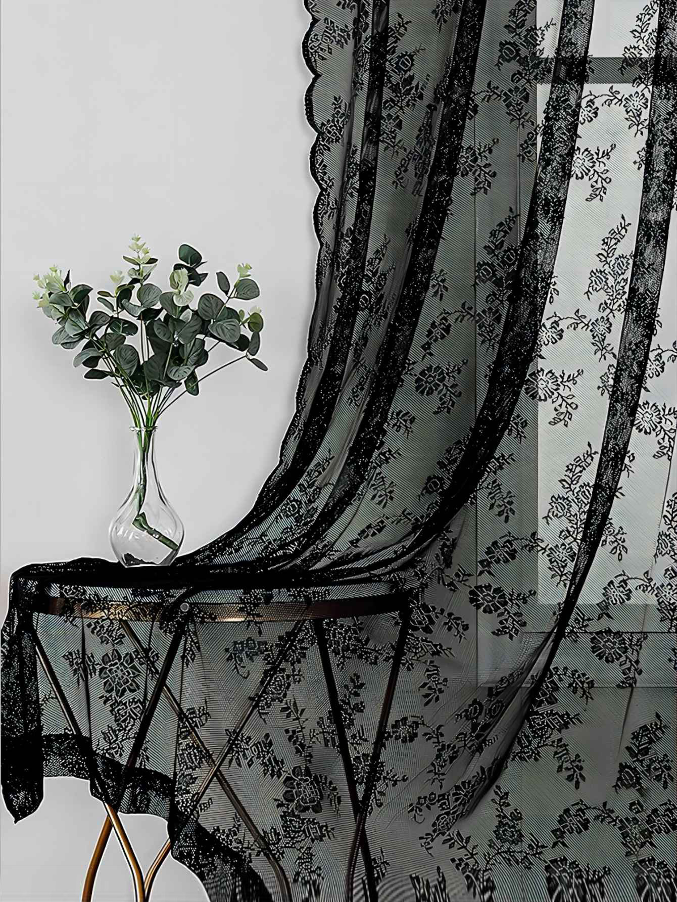 Black Elegance Romantic French Flower Floral Pattern Embroidered Lace Soft Door Polyester Sheer Curtain, Lace Fabric Rod Pocket Hollow Out Voile Curtain Window Screen for Living Room Bedroom Home Decor