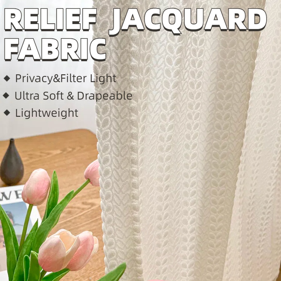 White Plain Solid Color Ditsy Floral Modern Polyester Semi-Transparent Light Filtering Privacy Embossment Sheer Curtains , Soft Smooth Lightweight Breathables Drapes Curtains for Bedroom Living Room Office Home Decor