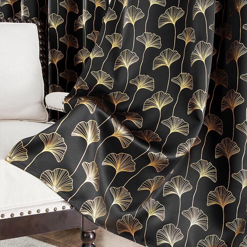 【GYJ-YX】Gold Stamping Ginkgo Leaf Flora Blackout Sound Insulating Polyester Curtain Fabric, Drapes Curtain Fabric for Bedroom Living Room Office Home Decor