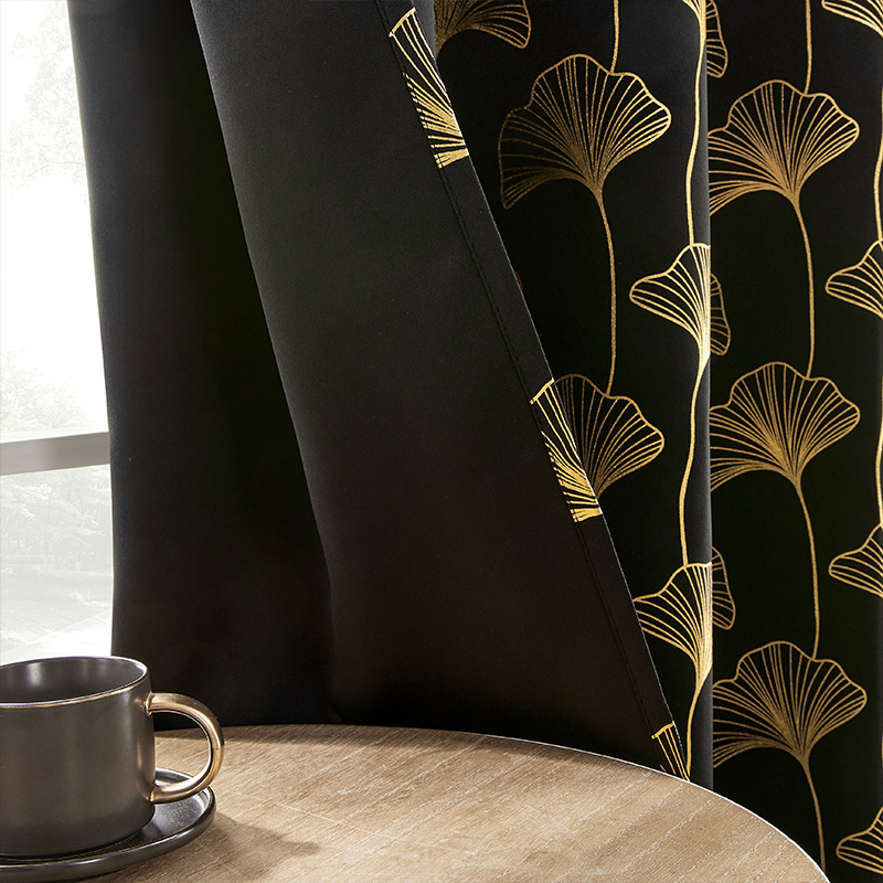 【GYJ-YX】Gold Stamping Ginkgo Leaf Flora Blackout Sound Insulating Polyester Curtain Fabric, Drapes Curtain Fabric for Bedroom Living Room Office Home Decor