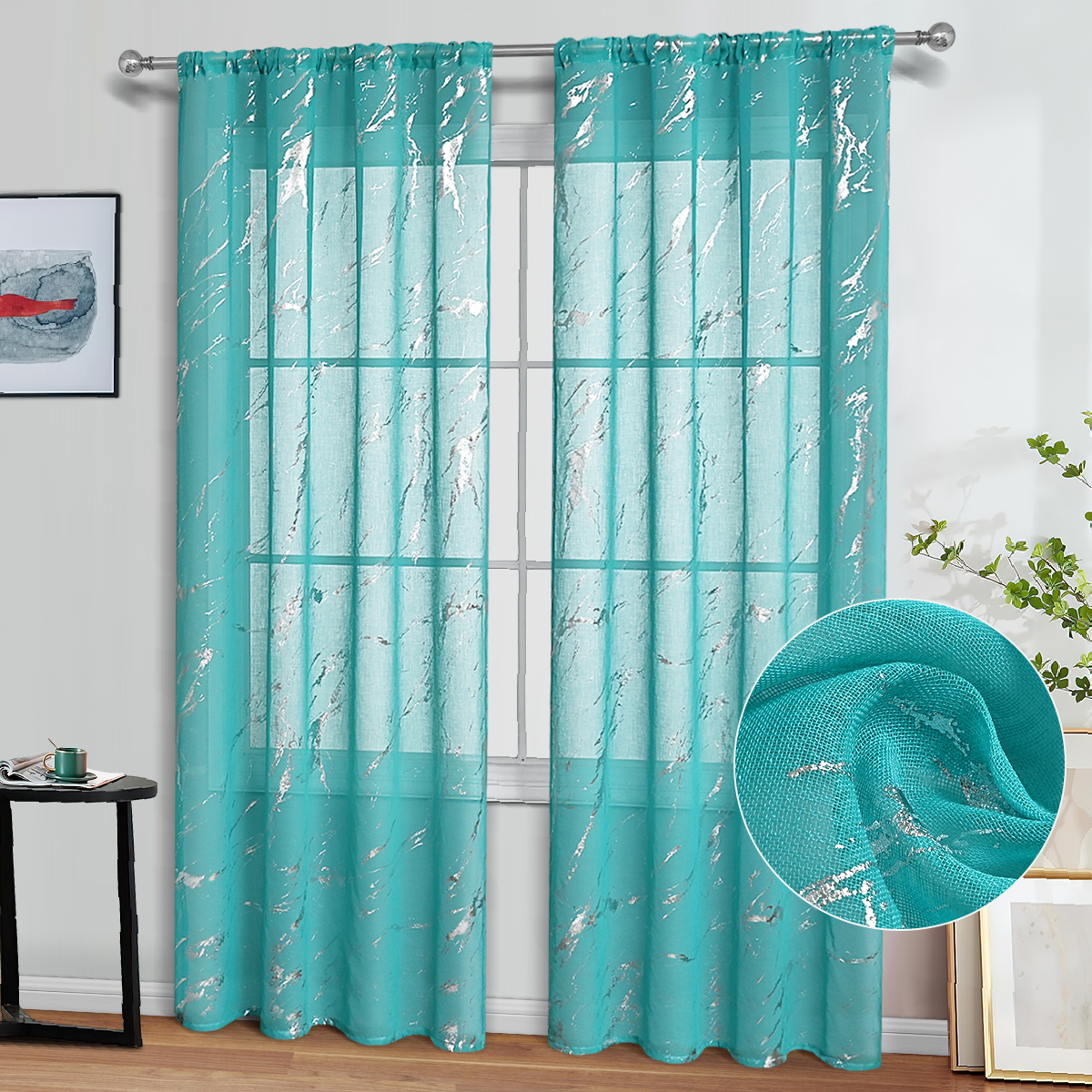 Silver Stamping Marble Pattern Sheer Curtain Fabrics,Simple Style Drapes Sheer Curtain Fabrics for Bedroom Living Room Office Home Decor