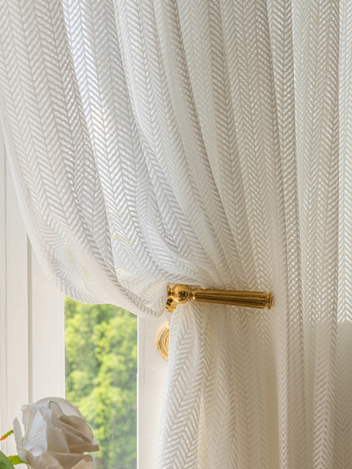 Plain Solid White Color Vertical Stripe Modern Polyester Semi-Transparent Light Filtering Privacy Sheer Curtain Fabric , Soft Smooth Lightweight Sheer Panels Drapes Curtains for Bedroom Living Room Office Home Decor