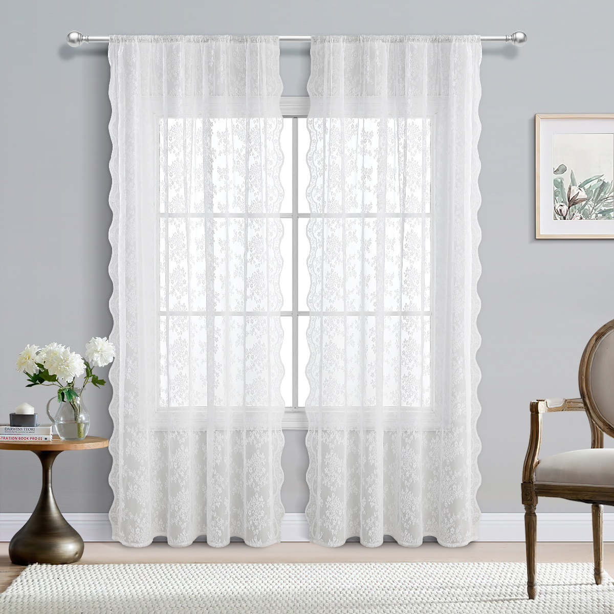 White Elegance Romantic French Flower Floral Pattern Jacquard Lace Soft Door Polyester Sheer Curtain, Lace Fabric Rod Pocket Hollow Out Voile Curtain Window Screen for Living Room Bedroom Home Decor