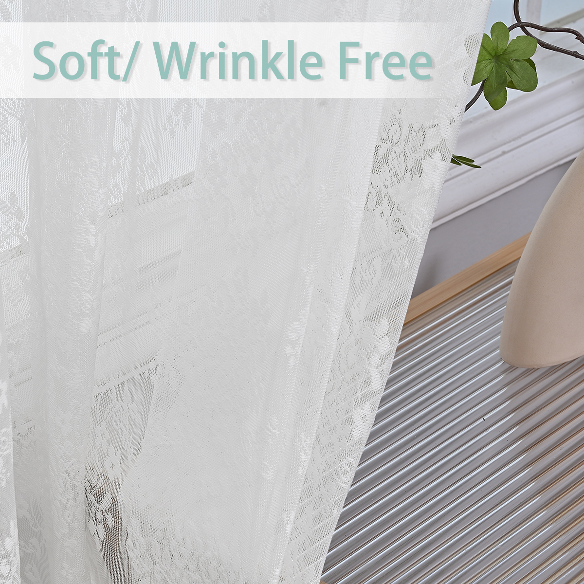 White Elegance Romantic French Flower Floral Pattern Jacquard Lace Soft Door Polyester Sheer Curtain, Lace Fabric Rod Pocket Hollow Out Voile Curtain Window Screen for Living Room Bedroom Home Decor