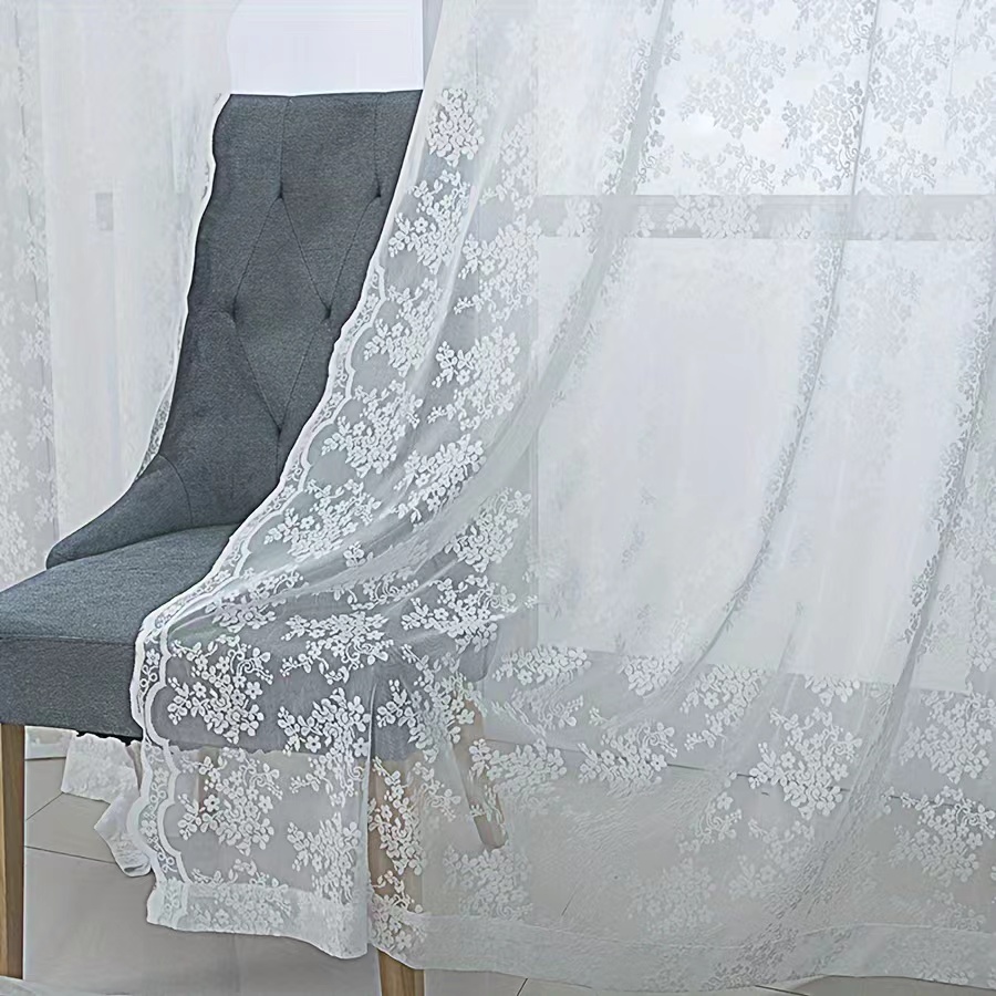 White Elegance Romantic French Flower Floral Pattern Jacquard Lace Soft Door Polyester Sheer Curtain, Lace Fabric Rod Pocket Hollow Out Voile Curtain Window Screen for Living Room Bedroom Home Decor