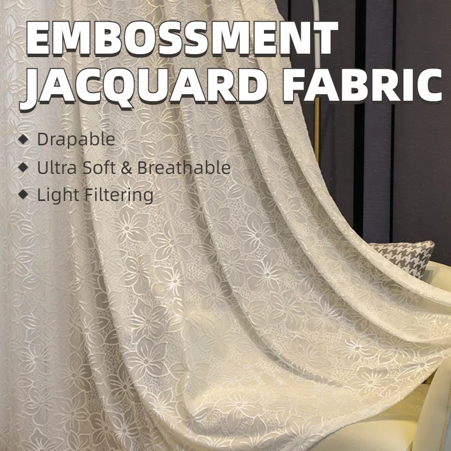 White Plain Solid Color Sakura Flower Floral Modern Polyester Semi-Transparent Light Filtering Privacy Embossment Sheer Curtains , Soft Smooth Lightweight Breathables Drapes Curtains for Bedroom Living Room Office Home Decor