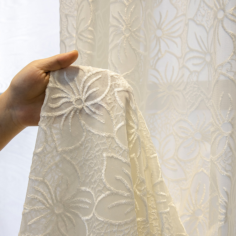 White Plain Solid Color Sakura Flower Floral Modern Polyester Semi-Transparent Light Filtering Privacy Embossment Sheer Curtains , Soft Smooth Lightweight Breathables Drapes Curtains for Bedroom Living Room Office Home Decor