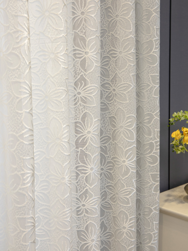 White Plain Solid Color Sakura Flower Floral Modern Polyester Semi-Transparent Light Filtering Privacy Embossment Sheer Curtains , Soft Smooth Lightweight Breathables Drapes Curtains for Bedroom Living Room Office Home Decor