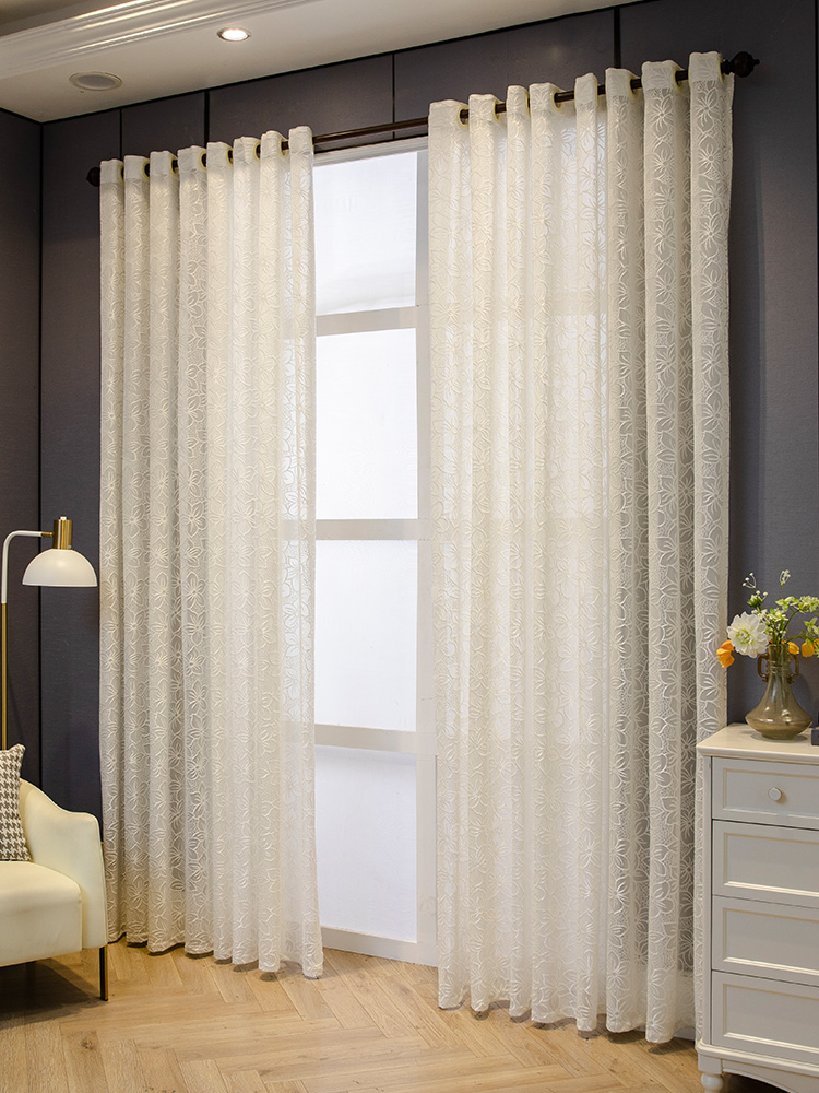 White Plain Solid Color Sakura Flower Floral Modern Polyester Semi-Transparent Light Filtering Privacy Embossment Sheer Curtains , Soft Smooth Lightweight Breathables Drapes Curtains for Bedroom Living Room Office Home Decor