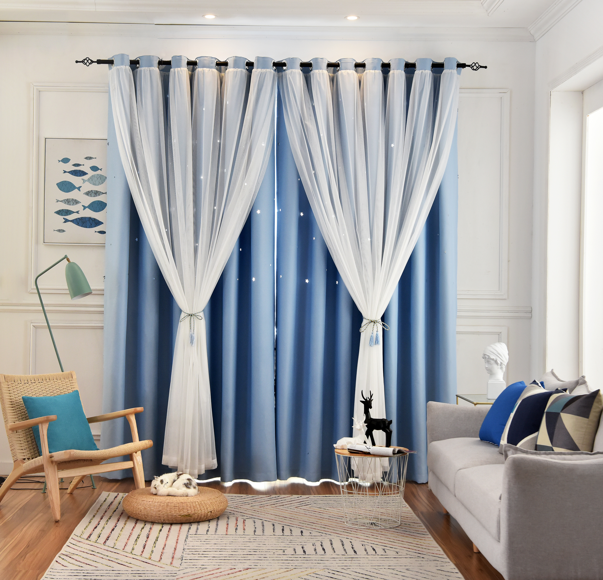 【FX-LKXX】Hollow Stars Shaped Blackout Sound Insulating Polyester Curtain Fabrics, Drapes Curtain Fabric for Bedroom Living Room Office Home Decor