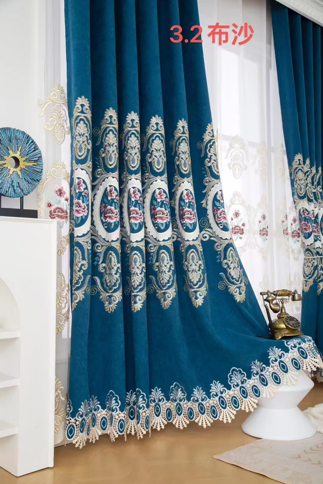 【HD-1】Luxury High-end European Blue Floral Pattern Embroidered Curtain Fabrics,Soundproof  Customizable Living Room Bedroom Curtains