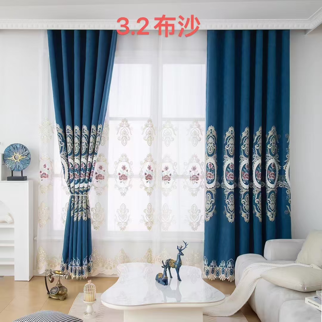 【HD-1】Luxury High-end European Blue Floral Pattern Embroidered Curtain Fabrics,Soundproof  Customizable Living Room Bedroom Curtains