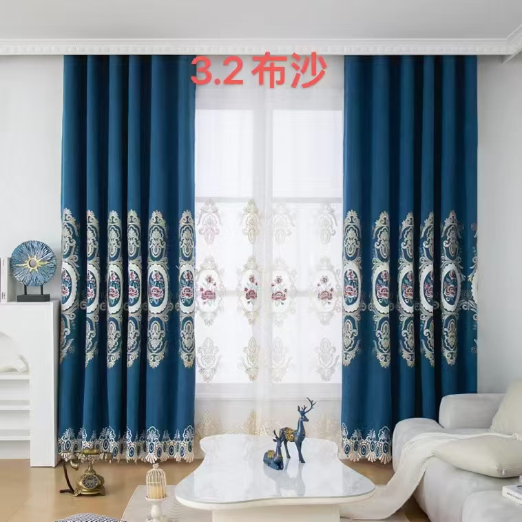 【HD-1】Luxury High-end European Blue Floral Pattern Embroidered Curtain Fabrics,Soundproof  Customizable Living Room Bedroom Curtains