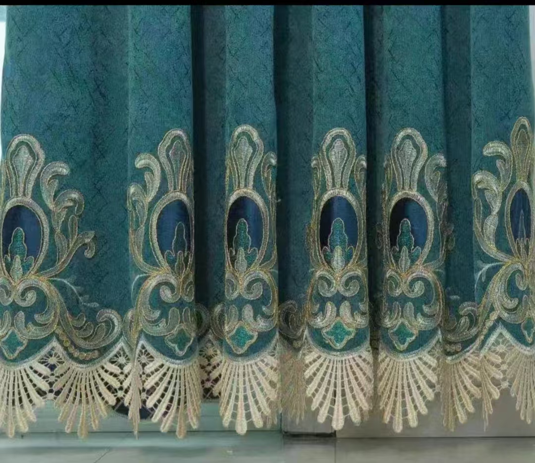 【HD-2】Luxury High-end European Peacock blue Floral Pattern Embroidered Curtain Fabrics,Soundproof  Customizable Living Room Bedroom Curtains
