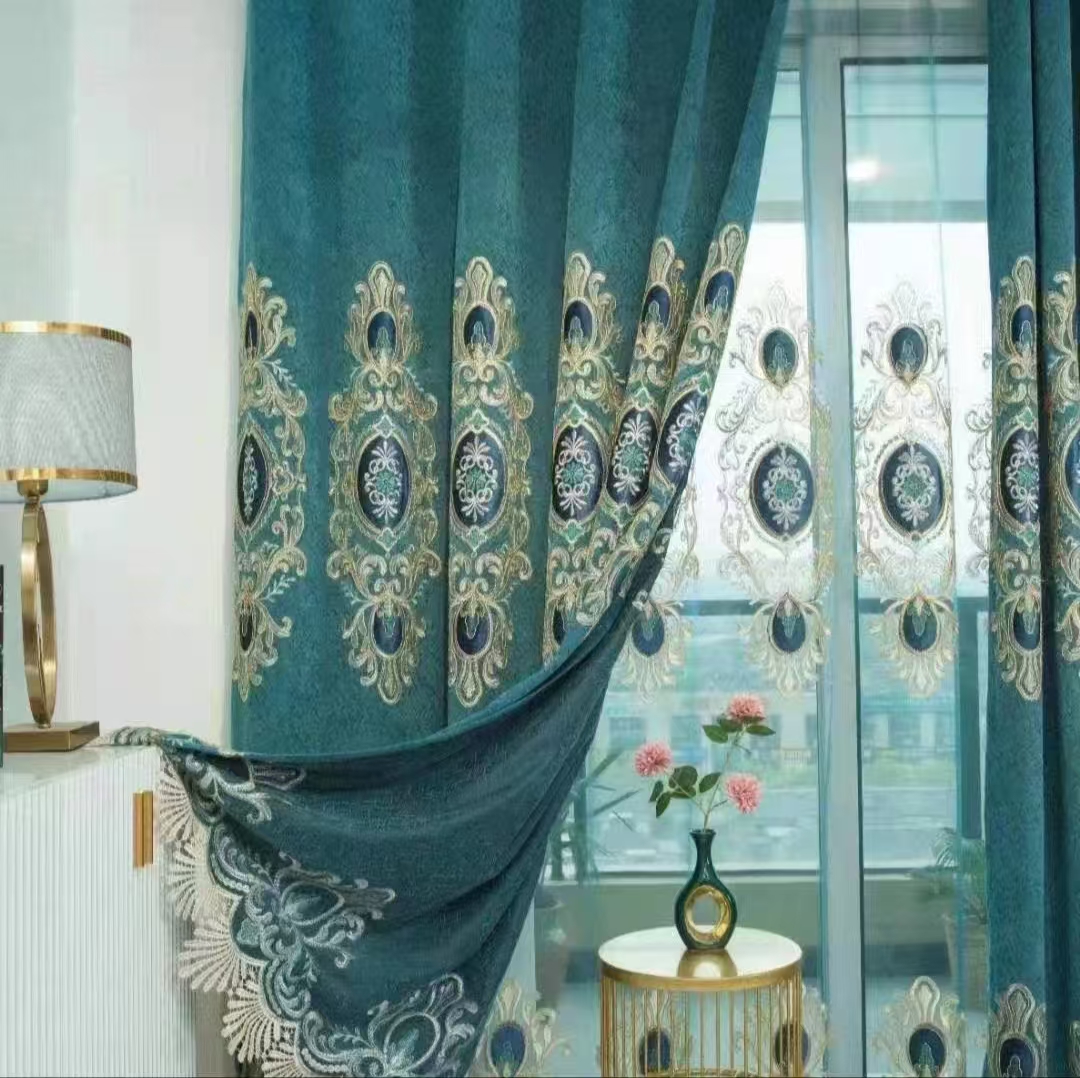 【HD-2】Luxury High-end European Peacock blue Floral Pattern Embroidered Curtain Fabrics,Soundproof  Customizable Living Room Bedroom Curtains