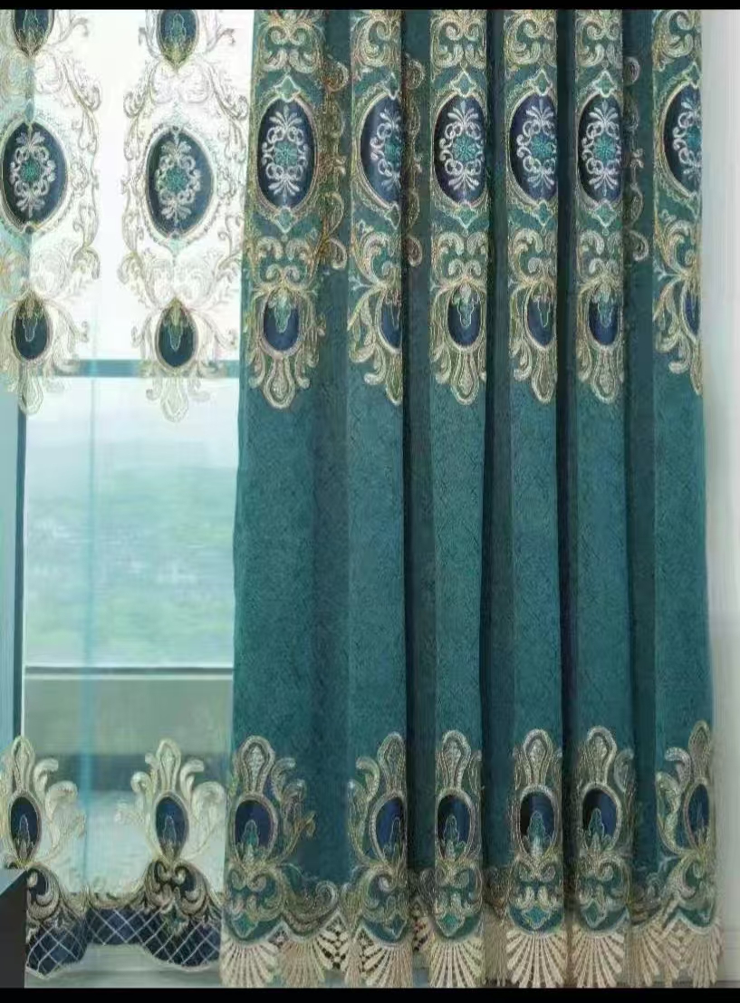 【HD-2】Luxury High-end European Peacock blue Floral Pattern Embroidered Curtain Fabrics,Soundproof  Customizable Living Room Bedroom Curtains