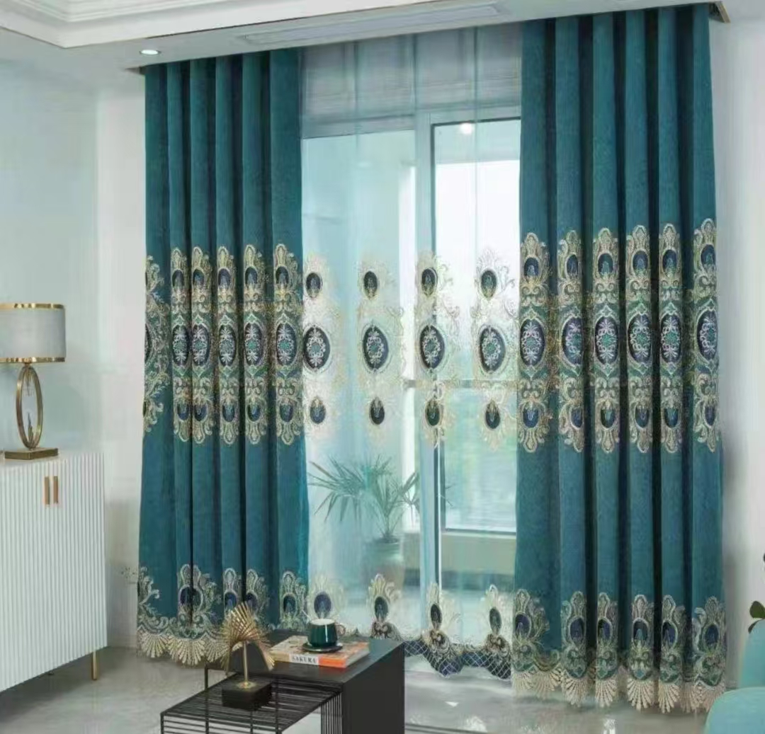 【HD-2】Luxury High-end European Peacock blue Floral Pattern Embroidered Curtain Fabrics,Soundproof  Customizable Living Room Bedroom Curtains
