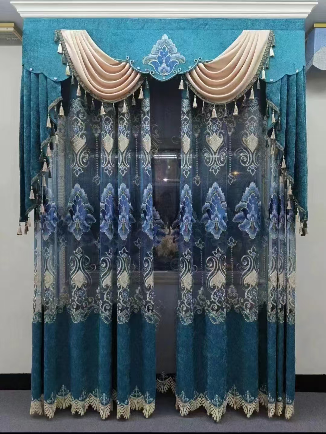 【HD-3】Luxury High-end European Peacock Blue Floral Pattern Patchwork Embroidered Curtain Fabrics,Soundproof  Customizable Living Room Bedroom Curtains