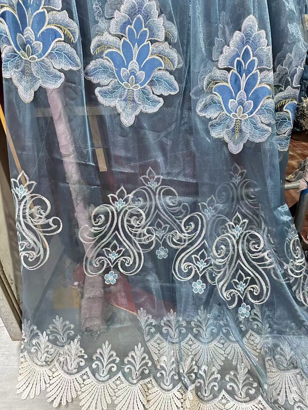【HD-3】Luxury High-end European Peacock Blue Floral Pattern Patchwork Embroidered Curtain Fabrics,Soundproof  Customizable Living Room Bedroom Curtains
