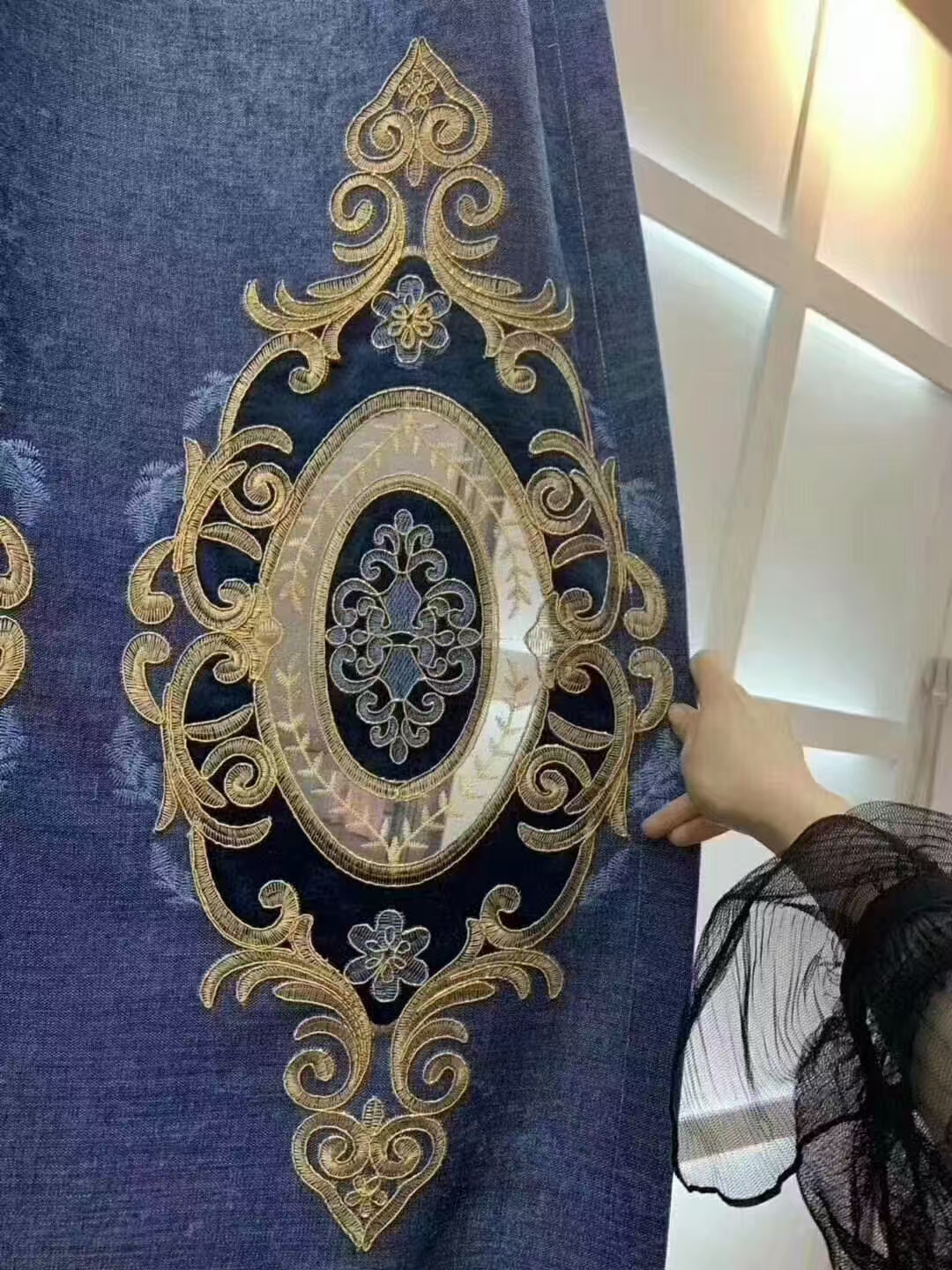 【HD-6】Luxury High-end European Blue Coffe Floral Pattern Patchwork Chenille Embroidered Curtain Fabrics,Soundproof  Customizable Living Room Bedroom Curtains