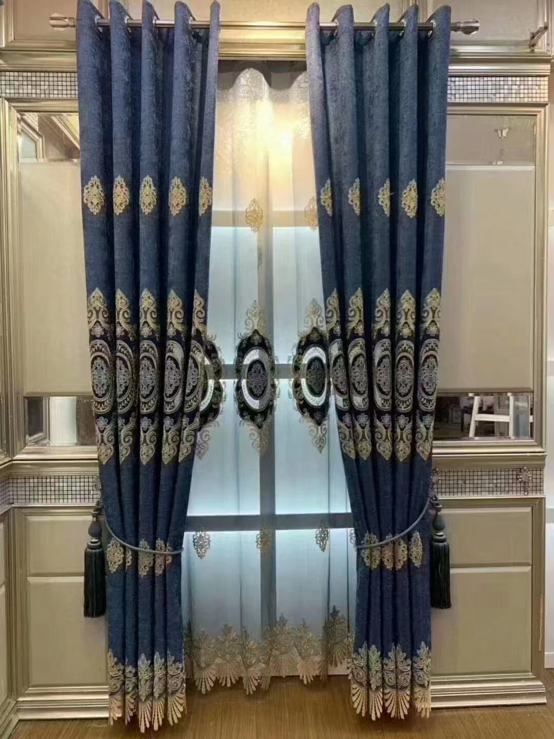 【HD-6】Luxury High-end European Blue Coffe Floral Pattern Patchwork Chenille Embroidered Curtain Fabrics,Soundproof  Customizable Living Room Bedroom Curtains