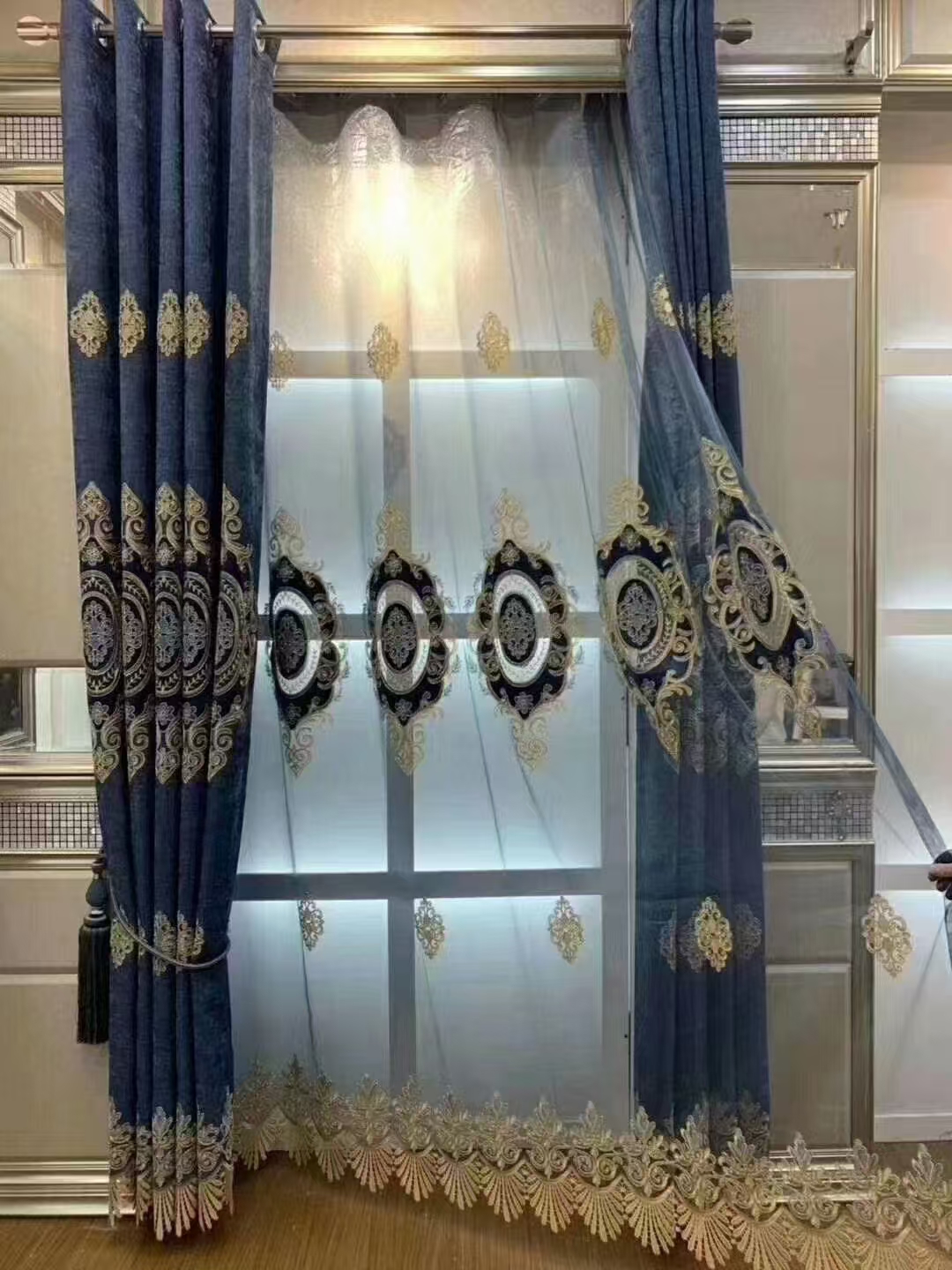 【HD-6】Luxury High-end European Blue Coffe Floral Pattern Patchwork Chenille Embroidered Curtain Fabrics,Soundproof  Customizable Living Room Bedroom Curtains